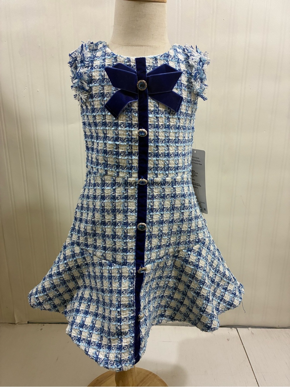 Blue Tweed Girls Dress with Velvet Bow